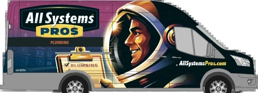 All Systems Pros plumbing van wrap with the astronaut mascot