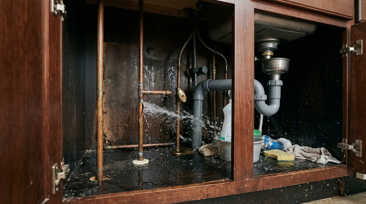 Burst copper water pipe spraying under a kitchen sink