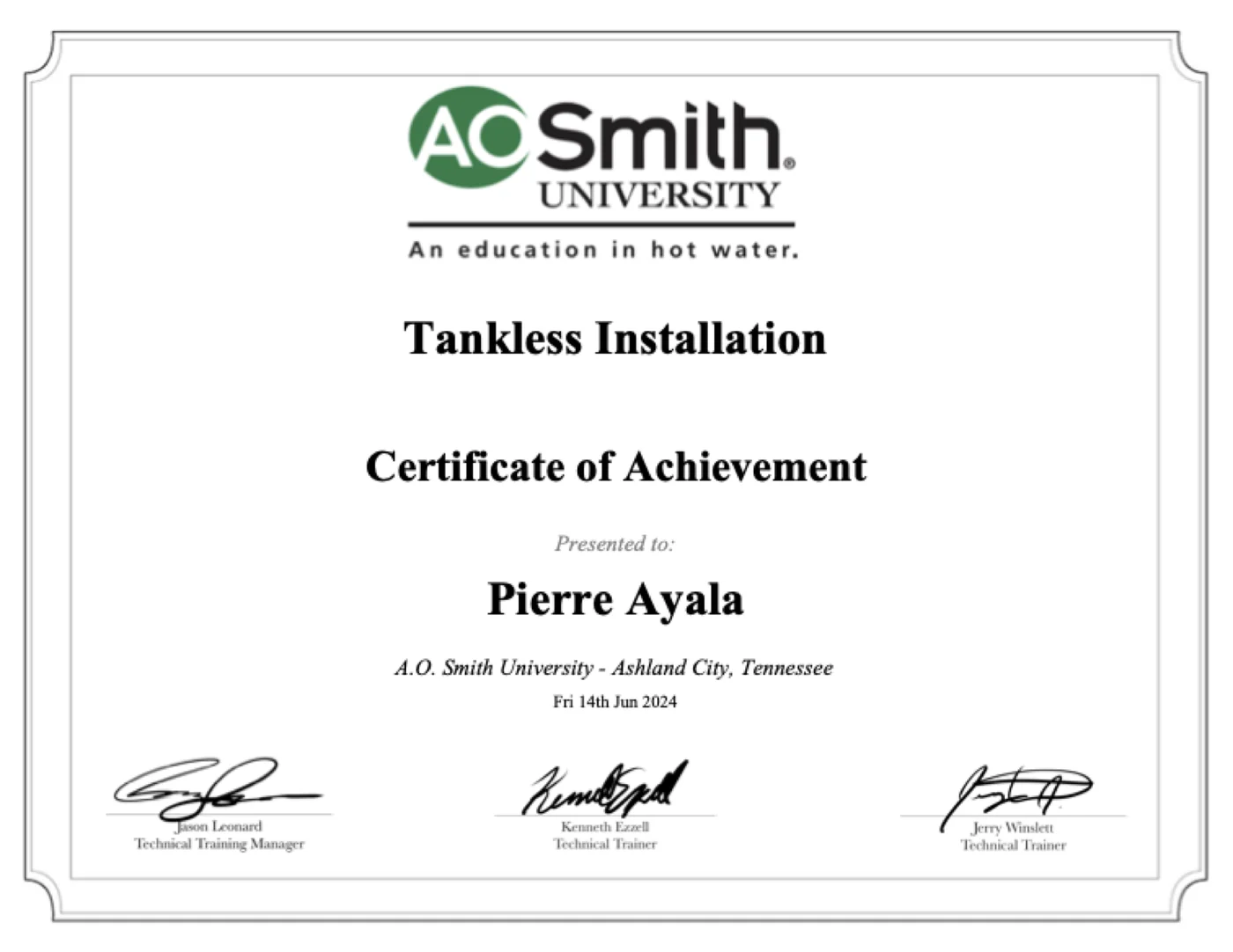 A. O. Smith University Certificate of Achievement — Tankless Installation