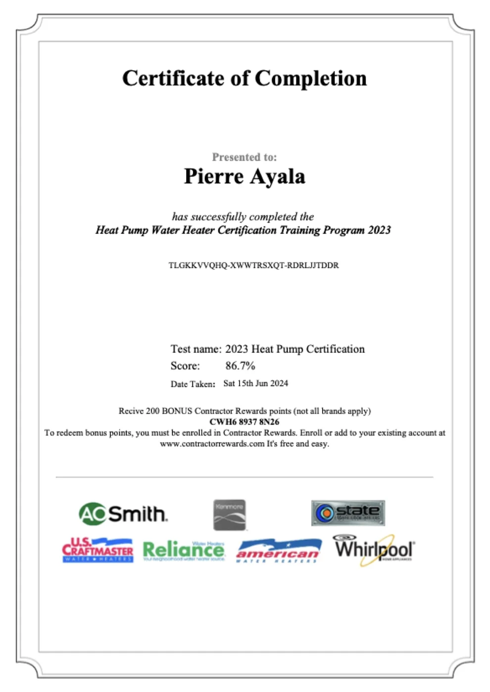 Heat Pump Water Heater Certification Training Program certificate of completion