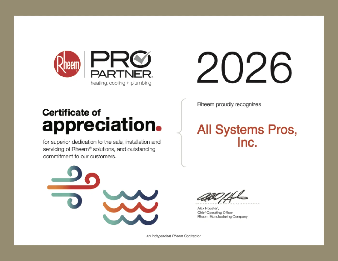 Rheem Pro Partner Certificate of Appreciation awarded to All Systems Pros, Inc., 2026