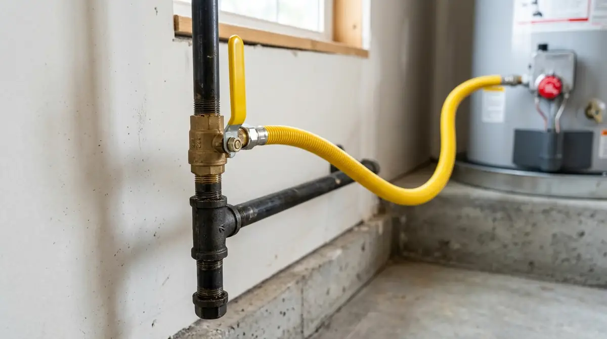 Gas line with a yellow-handled shutoff valve, sediment trap and flexible connector to a water heater — Gas Line Repair & Installation in Pasadena, CA