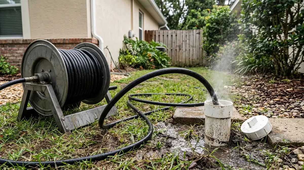 Hydro jetting hose running from a reel into an open drain cleanout in a side yard