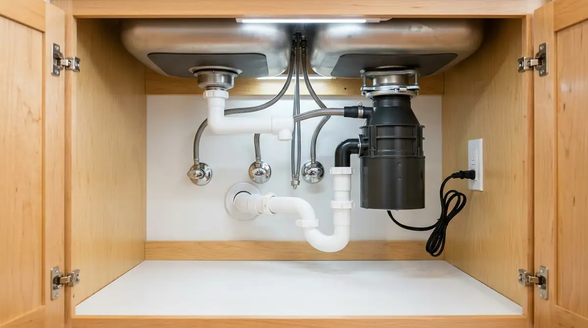 Kitchen sink cabinet with supply lines, shutoff valves, P-trap and garbage disposal
