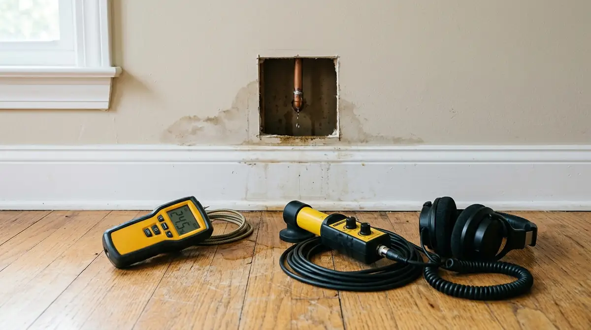 Moisture meter and acoustic leak detector in front of a water-stained wall opened to a leaking copper pipe