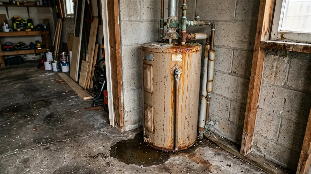 Old tank water heater with rust streaks and a puddle of water at its base
