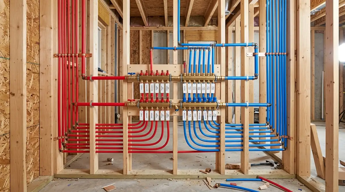 New PEX repipe with red and blue water lines running to a manifold inside an open wall