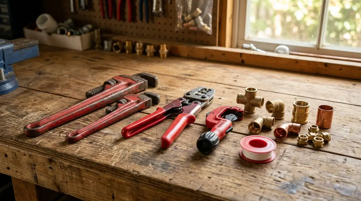Pipe wrenches, PEX crimp tool, tubing cutter and brass fittings on a workbench