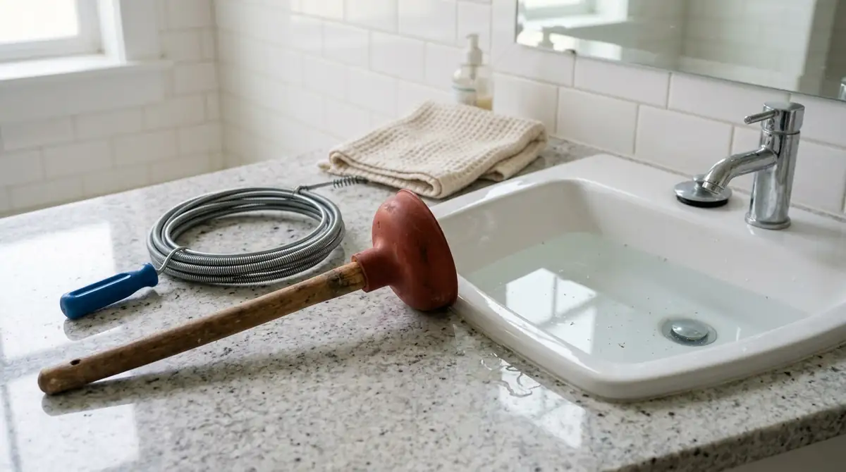 Plunger and hand drain snake on a bathroom counter beside a sink with standing water