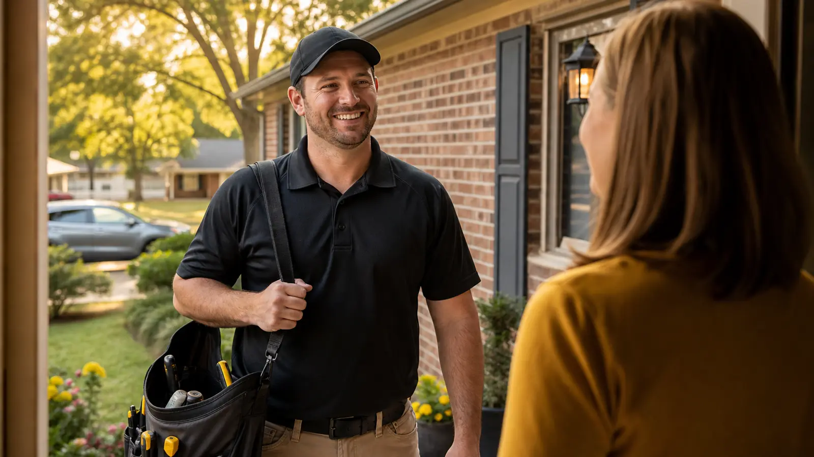 All Systems Pros technician greeting a homeowner at their door