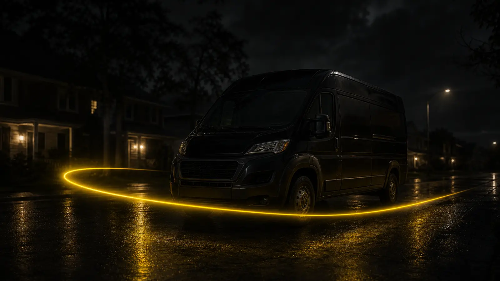 Service van parked on a residential street at night
