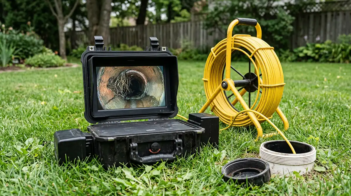 Sewer camera monitor showing tree roots inside a clay sewer pipe, beside the cable reel and cleanout