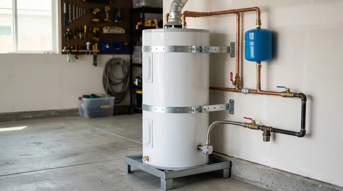 Tank water heater installed in a garage with earthquake straps, an expansion tank and a gas shutoff
