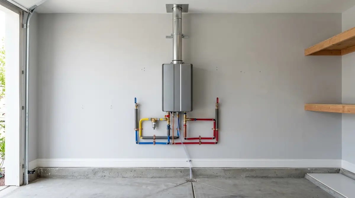 Wall-mounted tankless water heater with service valves and a vent pipe in a garage