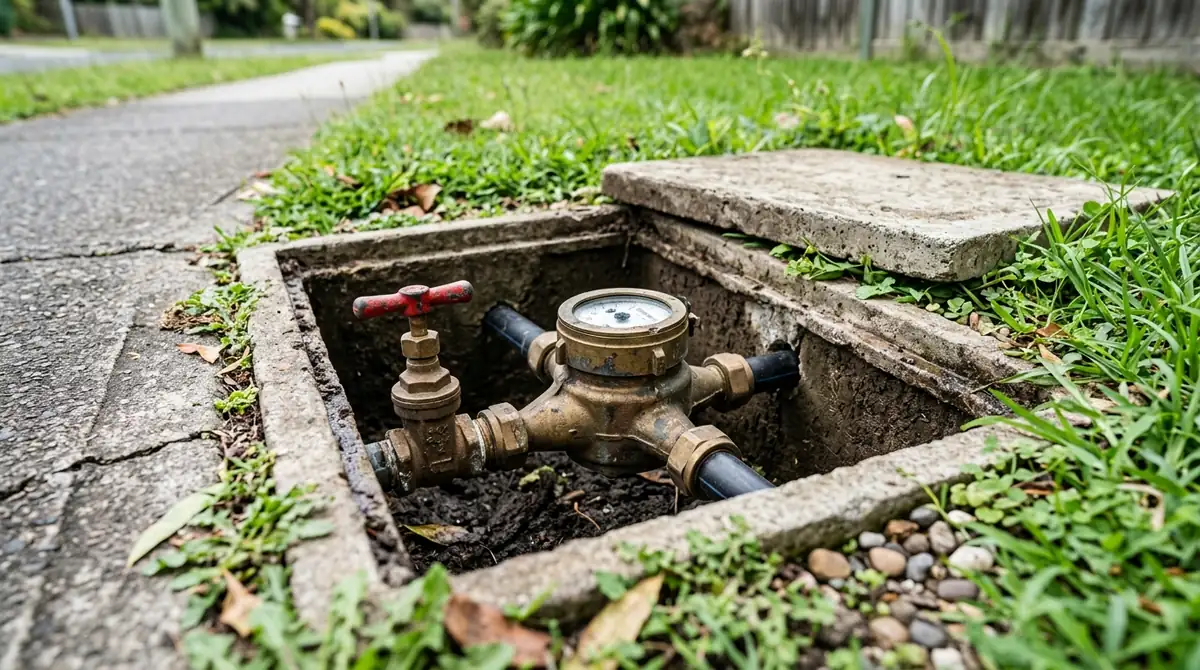 Open water meter box in a front yard showing the meter and the main shutoff valve